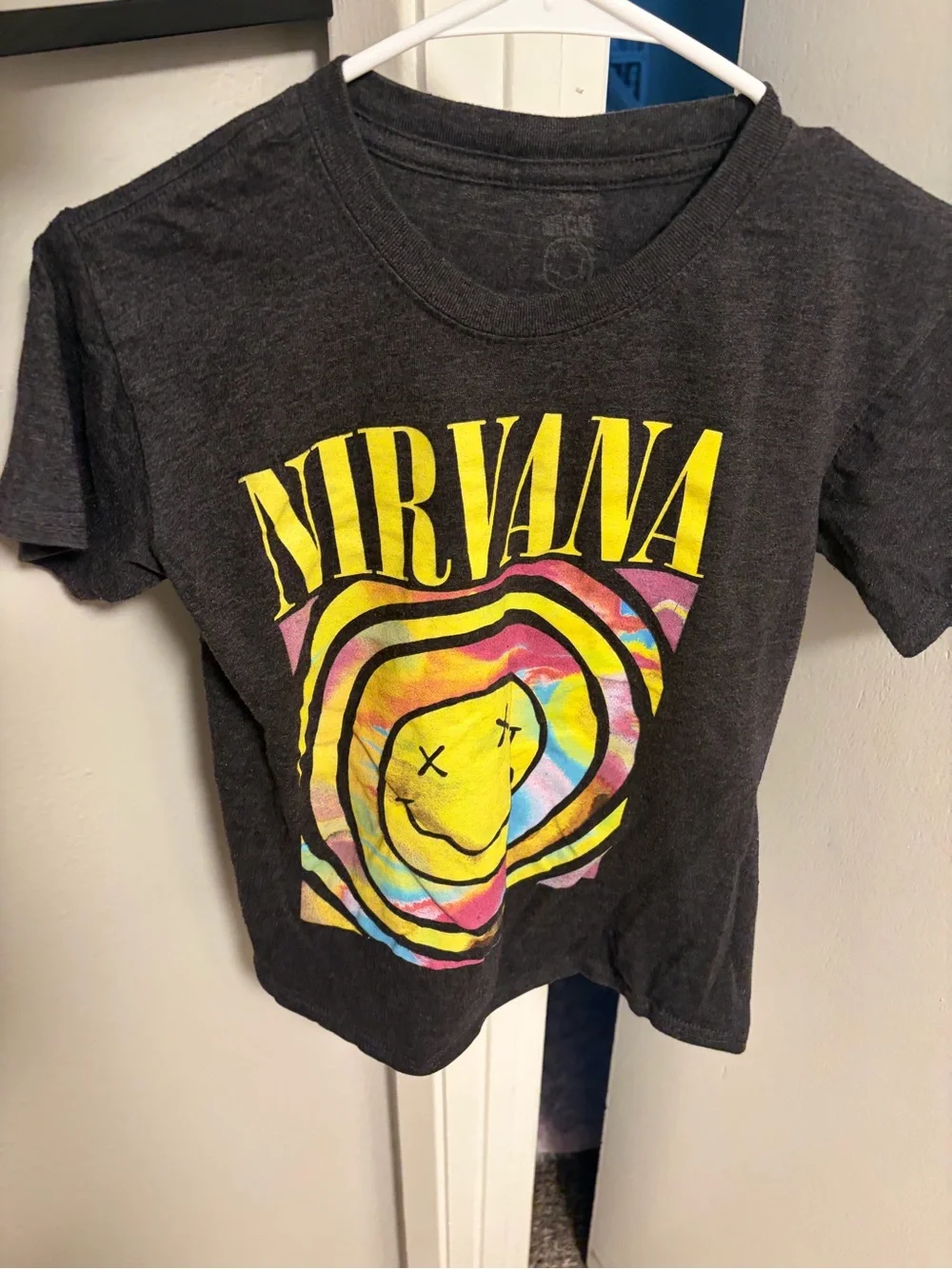 NIRVANA Gray Tee with Yellow Logo and Multicolor Tie-Dye Smiley
